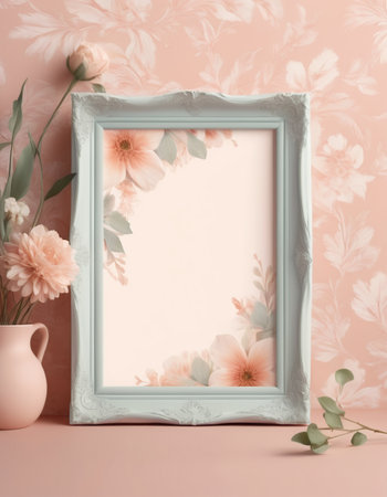 Vintage frame with flowers on pink background. Mock up, 3D Renderingの素材