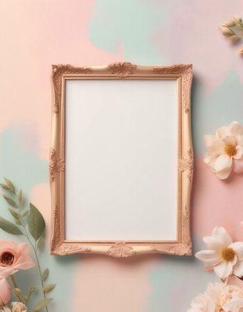 Frame mockup with pink flowers on pastel background. Flat lay, top viewの素材