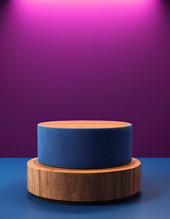 3d rendering of a round podium on a purple background with a spotlightの素材