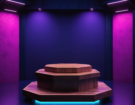 Wooden podium in the dark room with neon lights. 3d renderingの素材