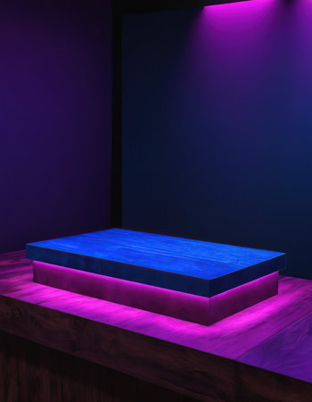 Exhibition stand with blue and purple lighting. 3D rendering.の素材