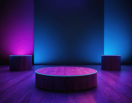 Podium in the dark room with blue and purple lighting. 3d renderingの素材