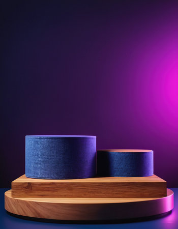 3d render of abstract geometric forms. Glossy podium for product presentation. Dark purple background.の素材