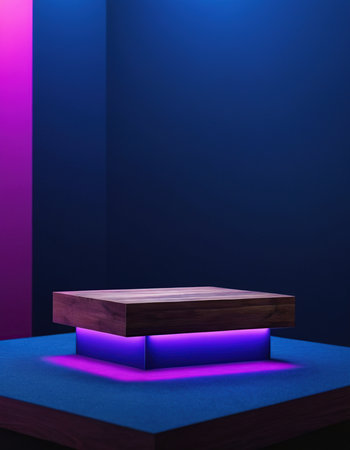Podium, pedestal or platform for product presentation on blue backgroundの素材
