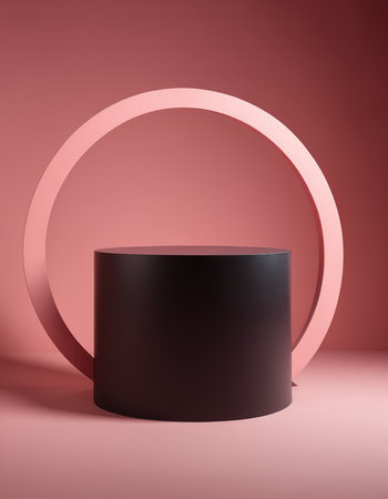 Black round podium on a pink background. 3d render. Mock up.の素材