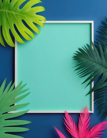 Creative layout made of tropical leaves on blue background. Flat lay, top view minimal summer concept.の素材