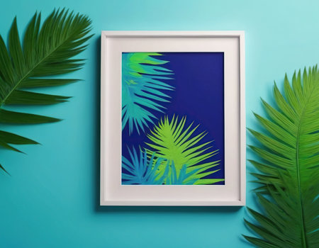 Design concept - top view of modern art frame with tropical palm leaves on blue background for mockupの素材
