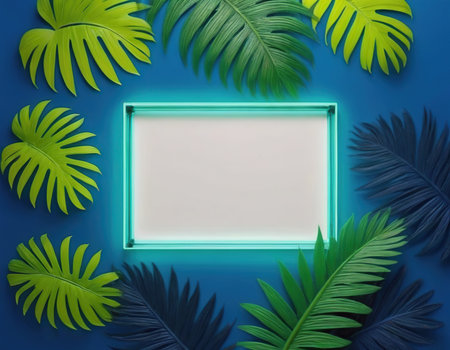 Tropical palm leaves and frame on blue background. 3d renderingの素材