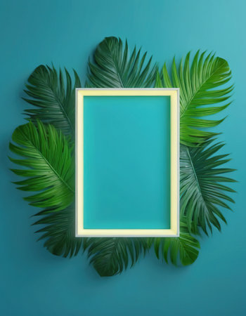 Frame with tropical leaves on color background. Flat lay, top viewの素材