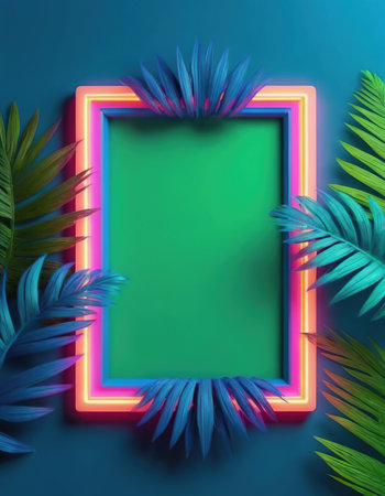 Neon frame with tropical leaves on blue background. 3d renderingの素材