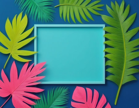 Creative layout made of tropical leaves on blue background. Flat lay, top view minimal summer concept.の素材