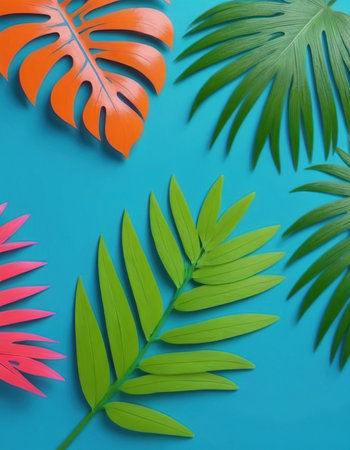 Creative layout made of tropical leaves on blue background. Flat lay, top view minimal summer concept.の素材