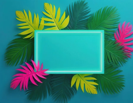 Tropical palm leaves and frame on blue background. Flat lay, top viewの素材