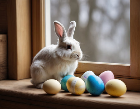 White rabbit with easter eggs on a window sill. Easter backgroundの素材