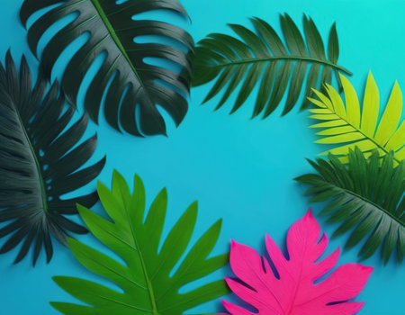 Tropical leaves on blue background, flat lay. Space for textの素材
