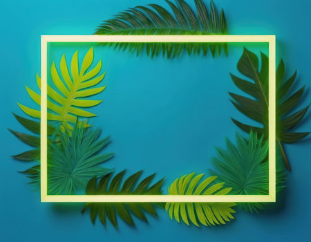 Tropical leaves frame on blue background. Minimal summer conceptの素材
