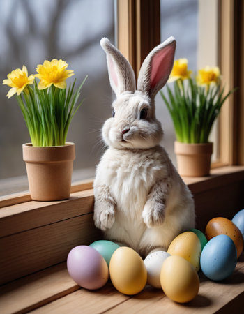 Easter bunny with colorful eggs and daffodils on window sillの素材