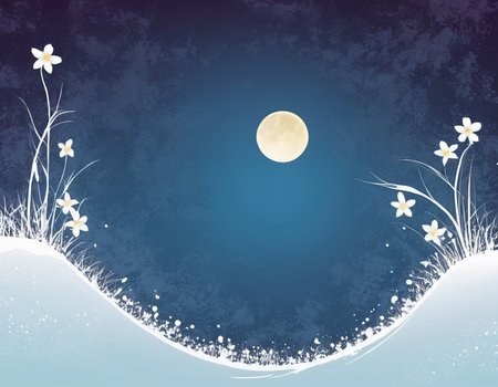 Grunge background with white flowers and moon. Vector illustration.の素材