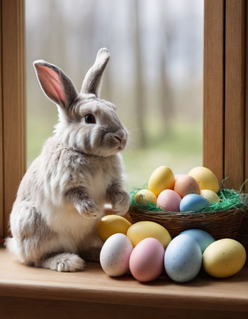 Easter bunny and colorful eggs on window sill. Spring holiday conceptの素材