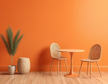 Interior of modern living room with orange walls, wooden floor, round table and chairs. 3d renderの素材