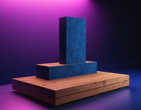 3d rendering of blue geometric podium on purple background. 3d illustration.の素材