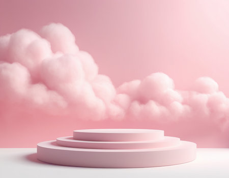 Abstract minimal scene with white podium and pink clouds. 3d renderの素材