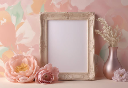 Mock up blank photo frame with flowers in vase. 3d renderingの素材