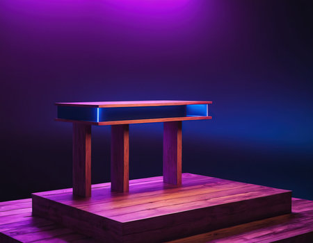 3d render of wooden table in dark room with neon light.の素材