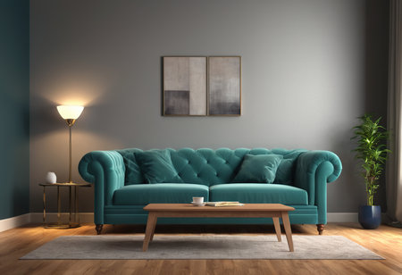 interior with blue sofa. 3d render illustration mock-upの素材
