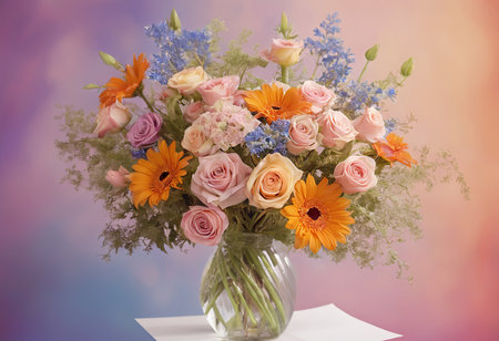 Bouquet of flowers in vase on table on colorful backgroundの素材