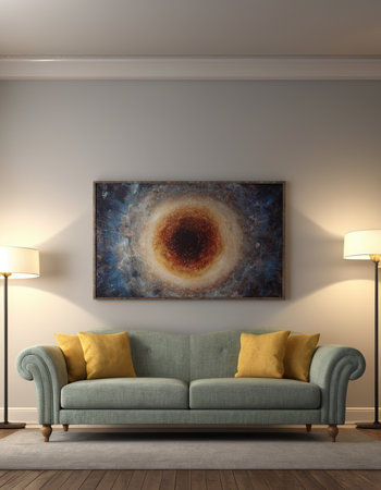 interior with sofa. 3d render illustration mock up poster frameの素材