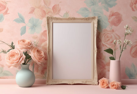 Empty frame mockup with roses in vase. 3d renderingの素材
