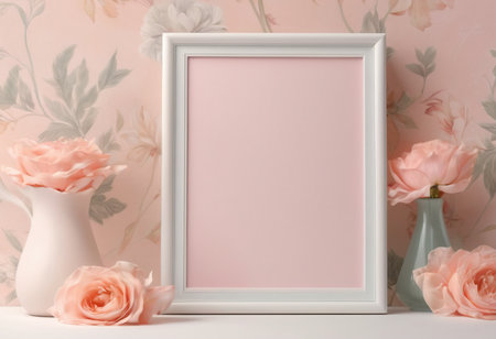 White frame mockup with pink roses in a vase on the tableの素材