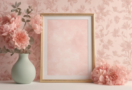 Vintage frame mockup on the table with flowers. 3d renderingの素材