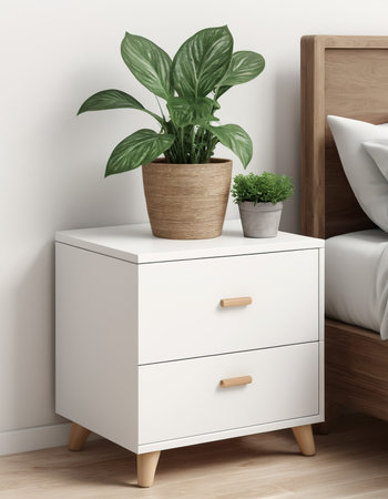 Bedroom interior with wooden bedside table and plant. 3d renderの素材