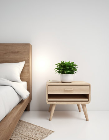 Interior of modern bedroom with white walls, concrete floor, wooden bedside table and plant. 3d renderの素材