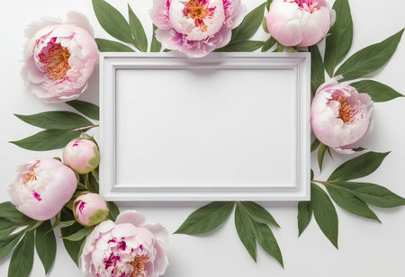 Flowers composition. Frame and peony flowers on white background. Flat lay, top view, copy spaceの素材