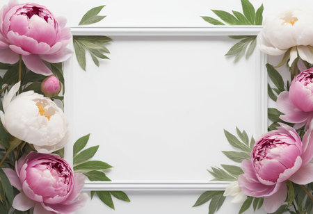 Frame with peony flowers on white background. Flat lay, top view.の素材