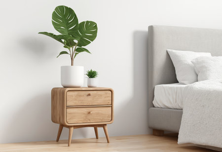 Wooden bedside table in a modern bedroom interior. 3d renderingの素材