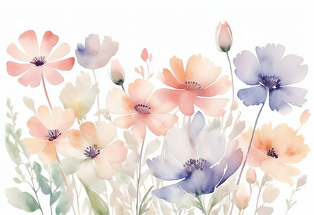 Flowers watercolor illustration. Manual composition. Mother's Day, wedding, birthday, Easter, Valentine's Day. Pastel colors. Spring. Summer.の素材