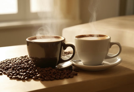 Coffee cup and coffee beans on wooden table in morning lightの素材