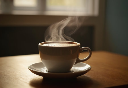 Cup of coffee with steam on wooden table in morning sunlight.の素材