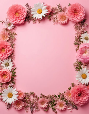 Flowers composition. Frame made of flowers on pink background. Flat lay, top view, copy spaceの素材