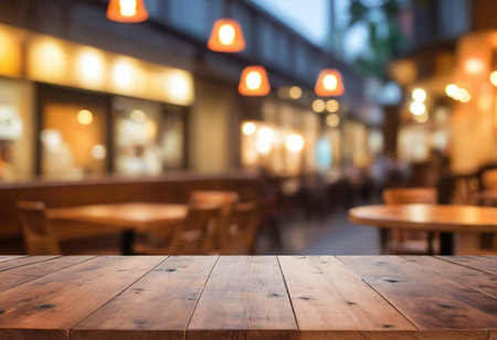 Empty wood table and Coffee shop blur background with bokeh image.の素材