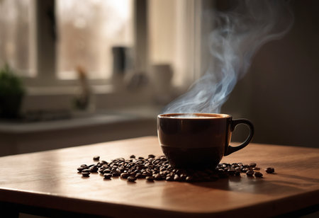 Coffee cup and coffee beans on wooden table in morning lightの素材