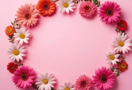 Frame made of beautiful flowers on pink background, flat lay. Space for textの素材
