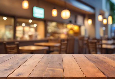 Selected focus empty brown wooden table and Coffee shop blur background with bokeh image.の素材