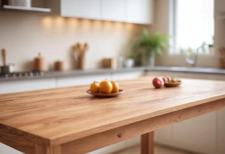 Wooden table in modern kitchen interior, selective focus. Blurred backgroundの素材