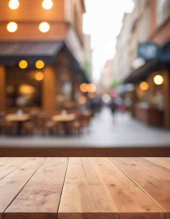 Empty wooden table and blurred background of street cafe. For product displayの素材