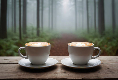 Cappuccino coffee on wooden table with misty forest backgroundの素材
